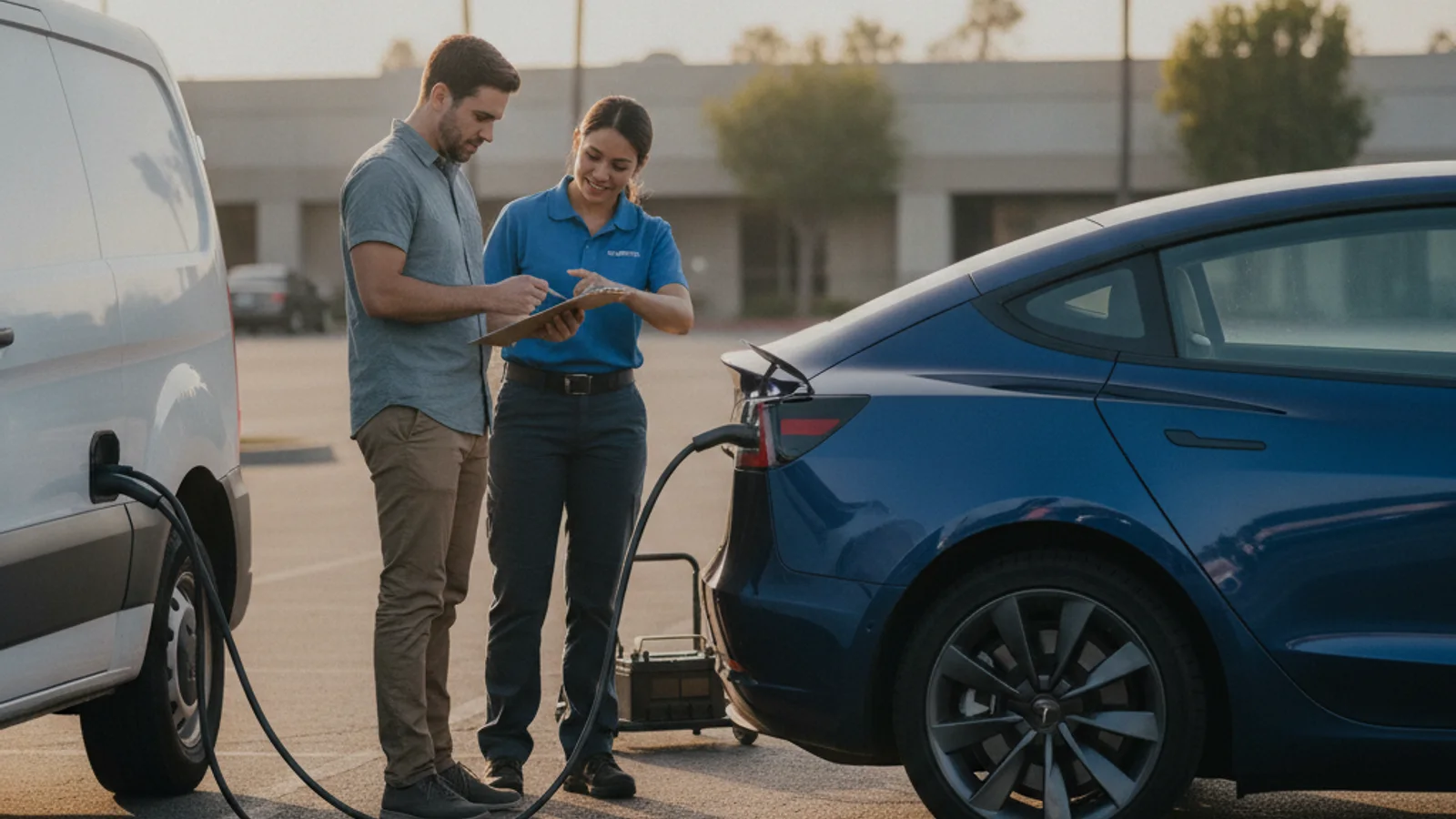 Tesla Model 3 parked beside a comparison graphic of its two battery systems