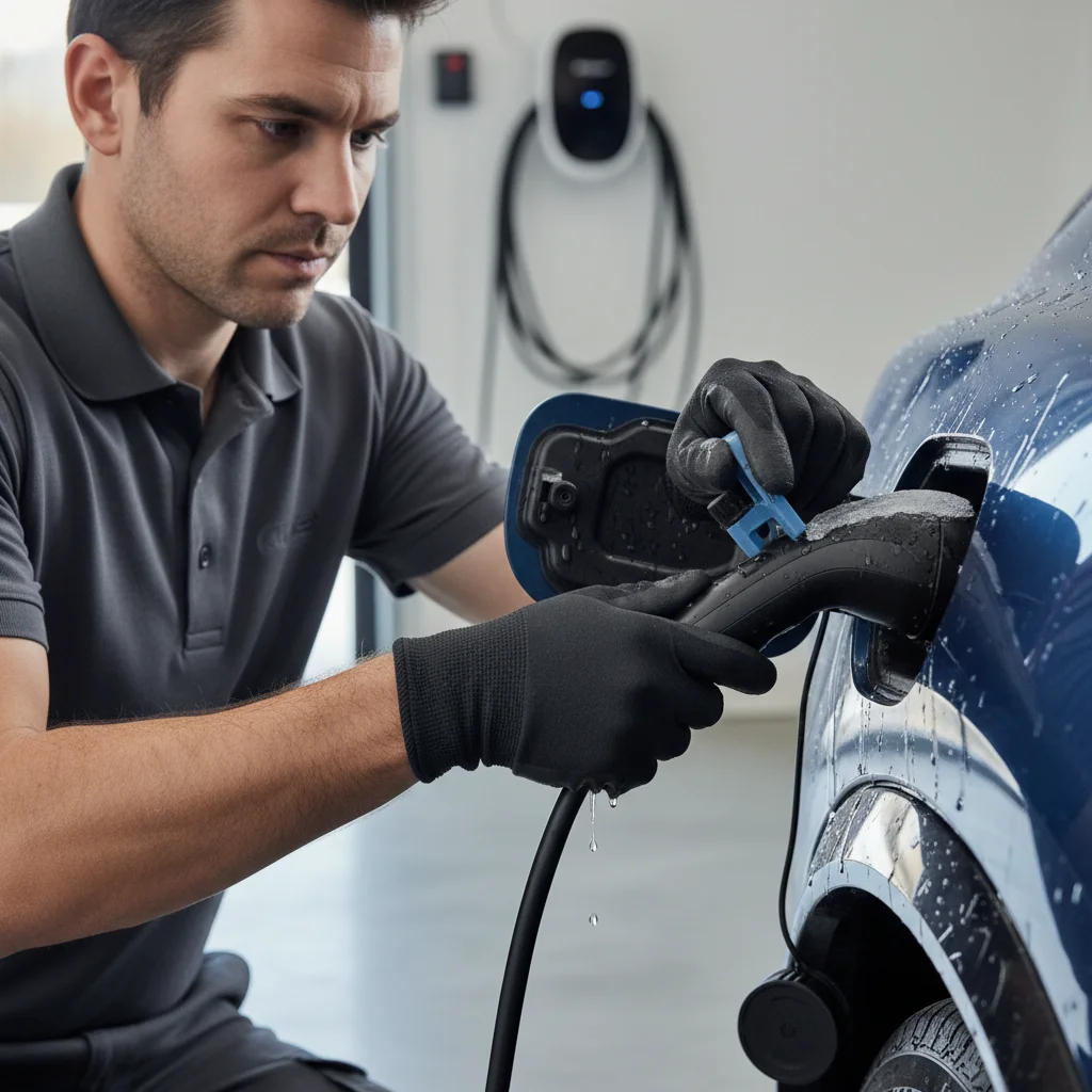 A hand pulling a bright release strap inside an open EV front trunk