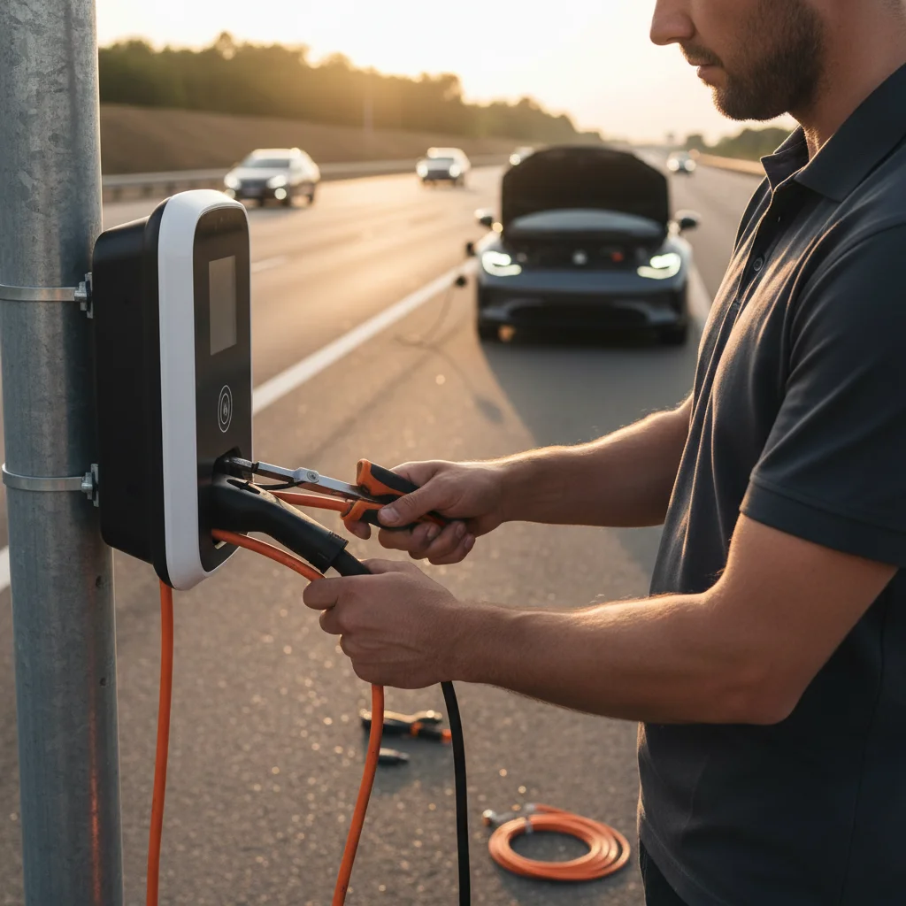A technician deploying reflective cones behind a stranded EV on a Bay Area freeway shoulder with a rescue truck parked just behind.