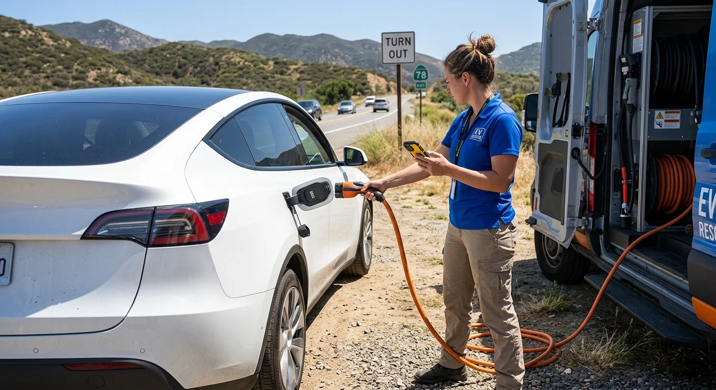 An electric vehicle parked on a paved roadside shoulder while a driver waits beside the car