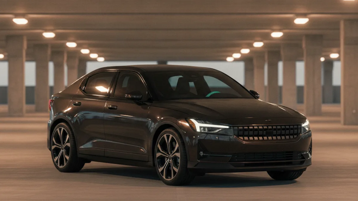 A Polestar 2 parked in a Peninsula parking structure with a dark, unresponsive dashboard, illustrating a dead 12V battery.