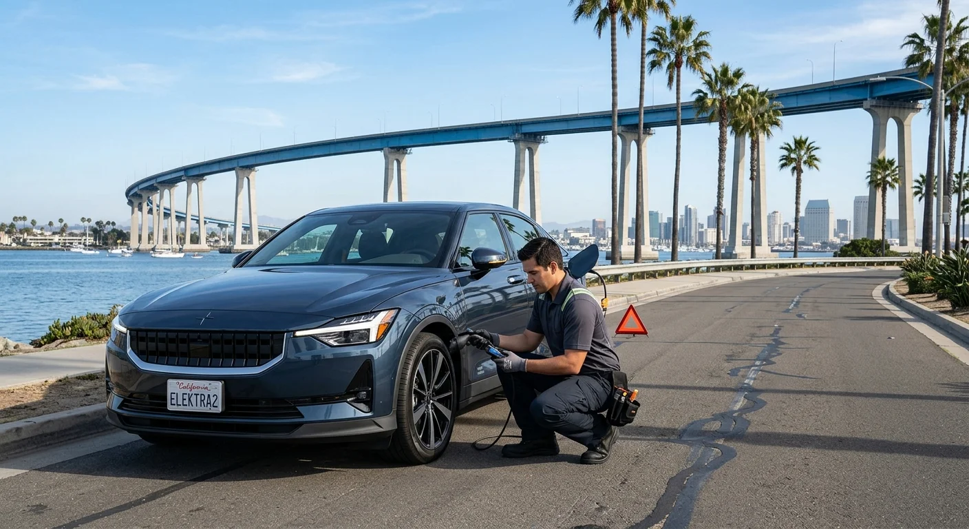 A Polestar 2 parked on the side of a Bay Area road at dusk waiting for roadside assistance.