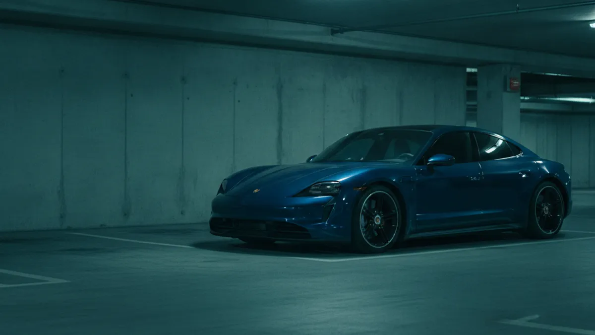 A Porsche Taycan parked on a Bay Area street at dusk with the headlights off.