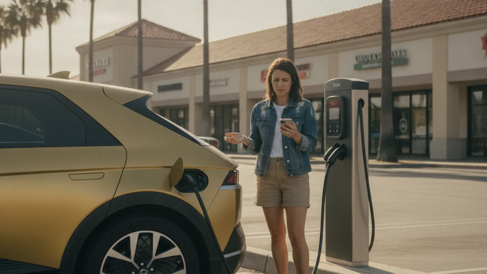 A driver stands beside a public fast-charging kiosk with an error light in a parking lot