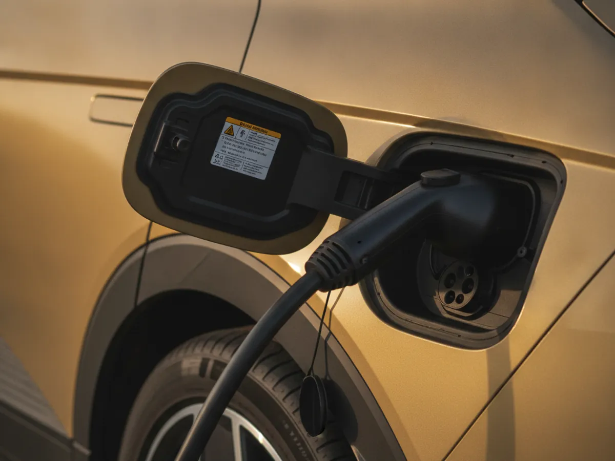 A charging cable and adapter seated in an EV charge port during a mobile charging session
