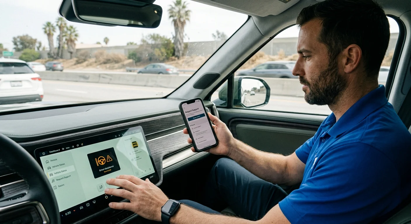 A Rivian R1T on a Bay Area freeway with the driver assistance display showing on the screen.