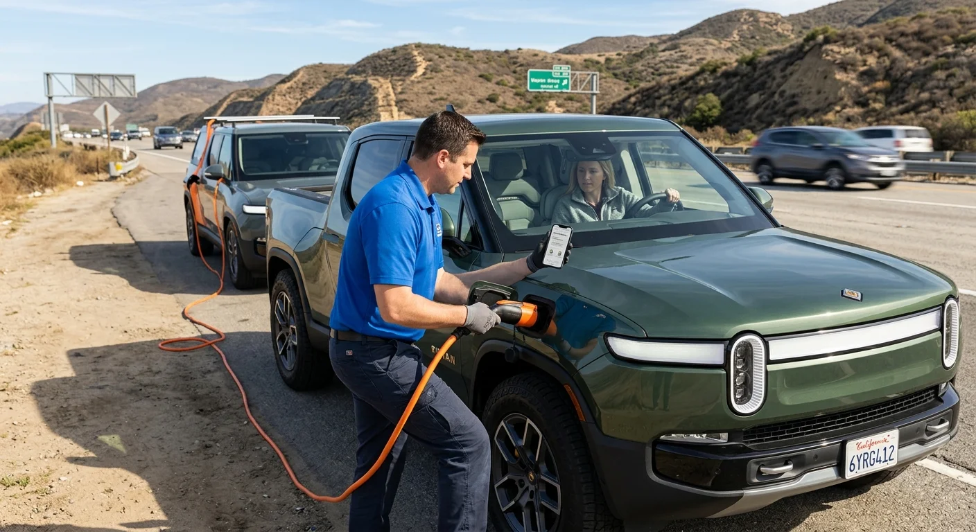 A Rivian R1S parked at a Bay Area trailhead with the hazard lights on and a phone propped on the steering wheel.