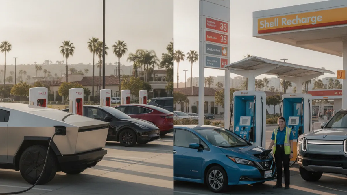 Two charging stalls side by side on a paved lot: a Shell Recharge cabinet on one side, a Tesla Supercharger post on the other.