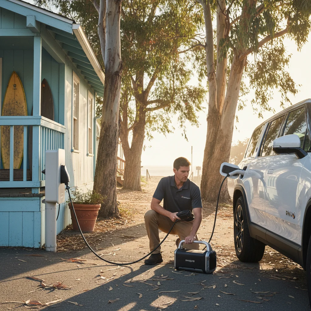 Mobile charging cable plugged into an EV on a paved shoulder