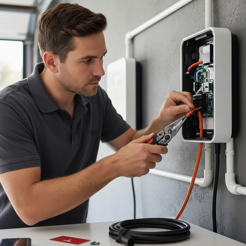 An open Tesla frunk panel revealing the 12V battery and positive jump post with a red cable attached.