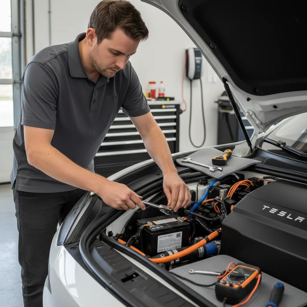 A technician installing a 12V battery into a Tesla frunk with a torque wrench and multimeter on the workbench.