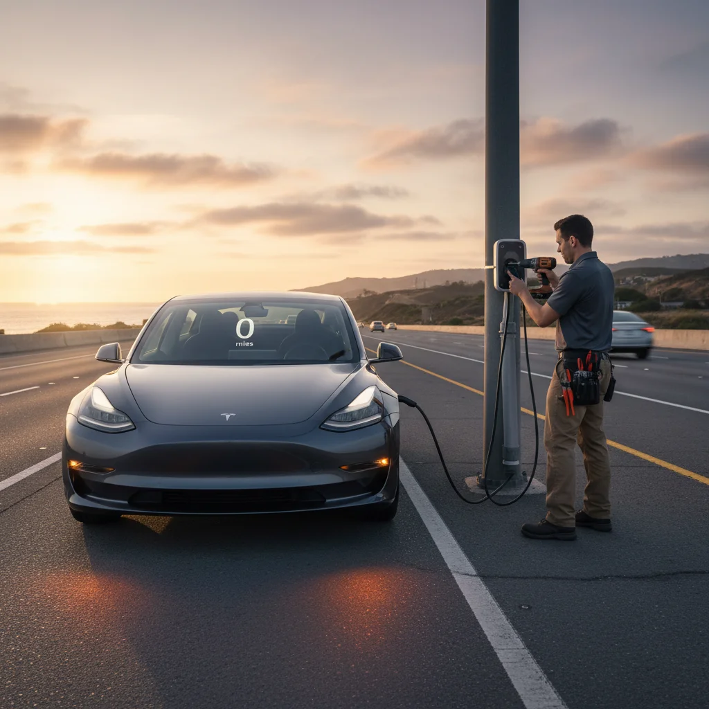 A Tesla stopped on a Bay Area shoulder with the dashboard reading 0 miles and hazard lights flashing, late afternoon light.