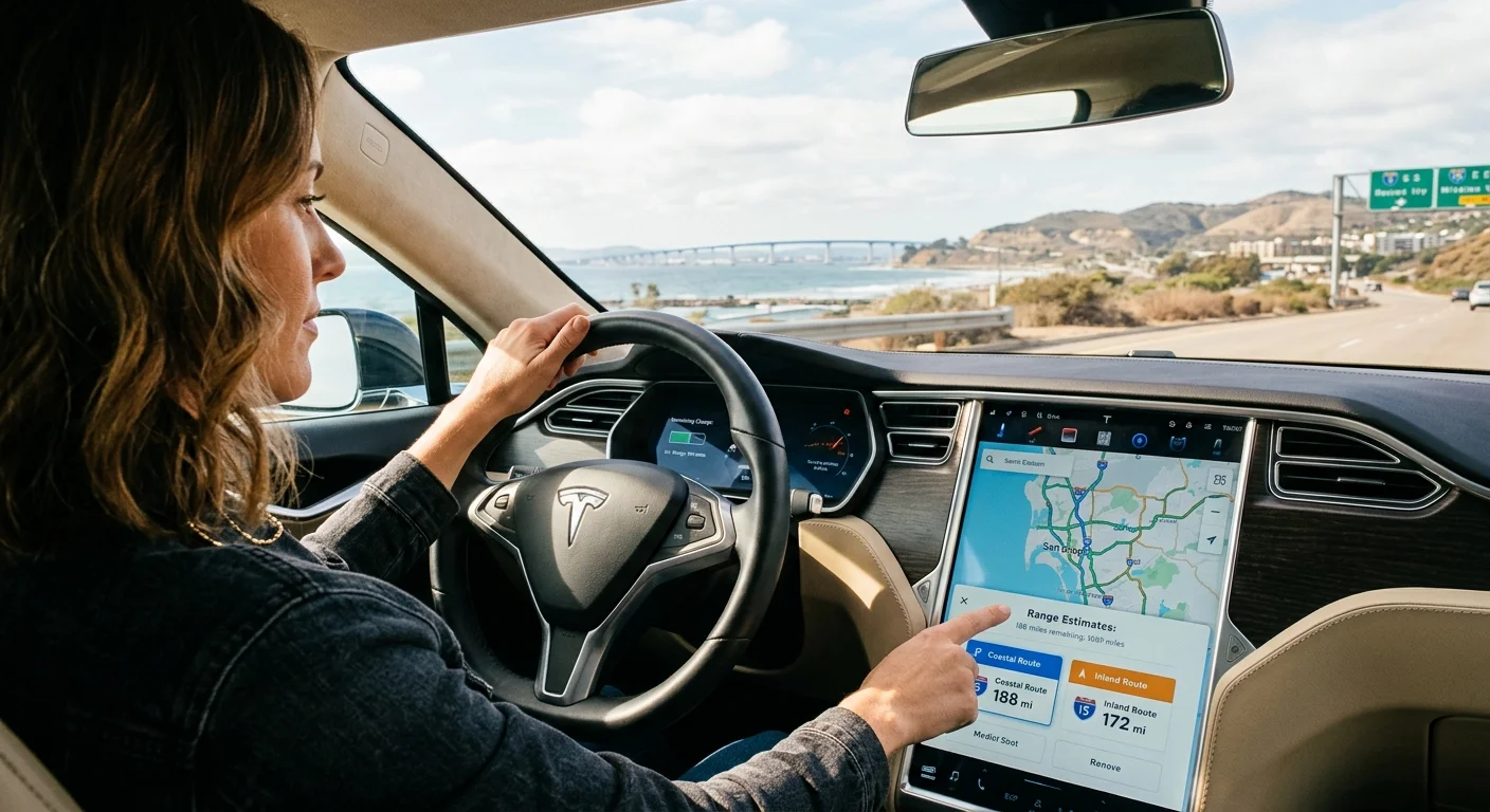 Tesla driver checking remaining charge on the dashboard while driving on a highway