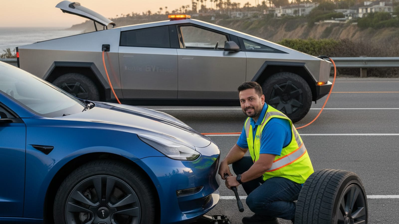 A Tesla Model 3 with a flat tire on the shoulder of a Bay Area freeway, with an EV rescue operator approaching
