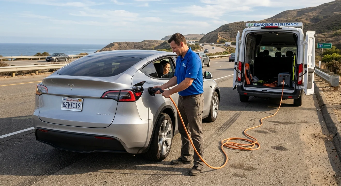 A Tesla Model 3 dashboard showing a low battery warning indicator on a Bay Area road.