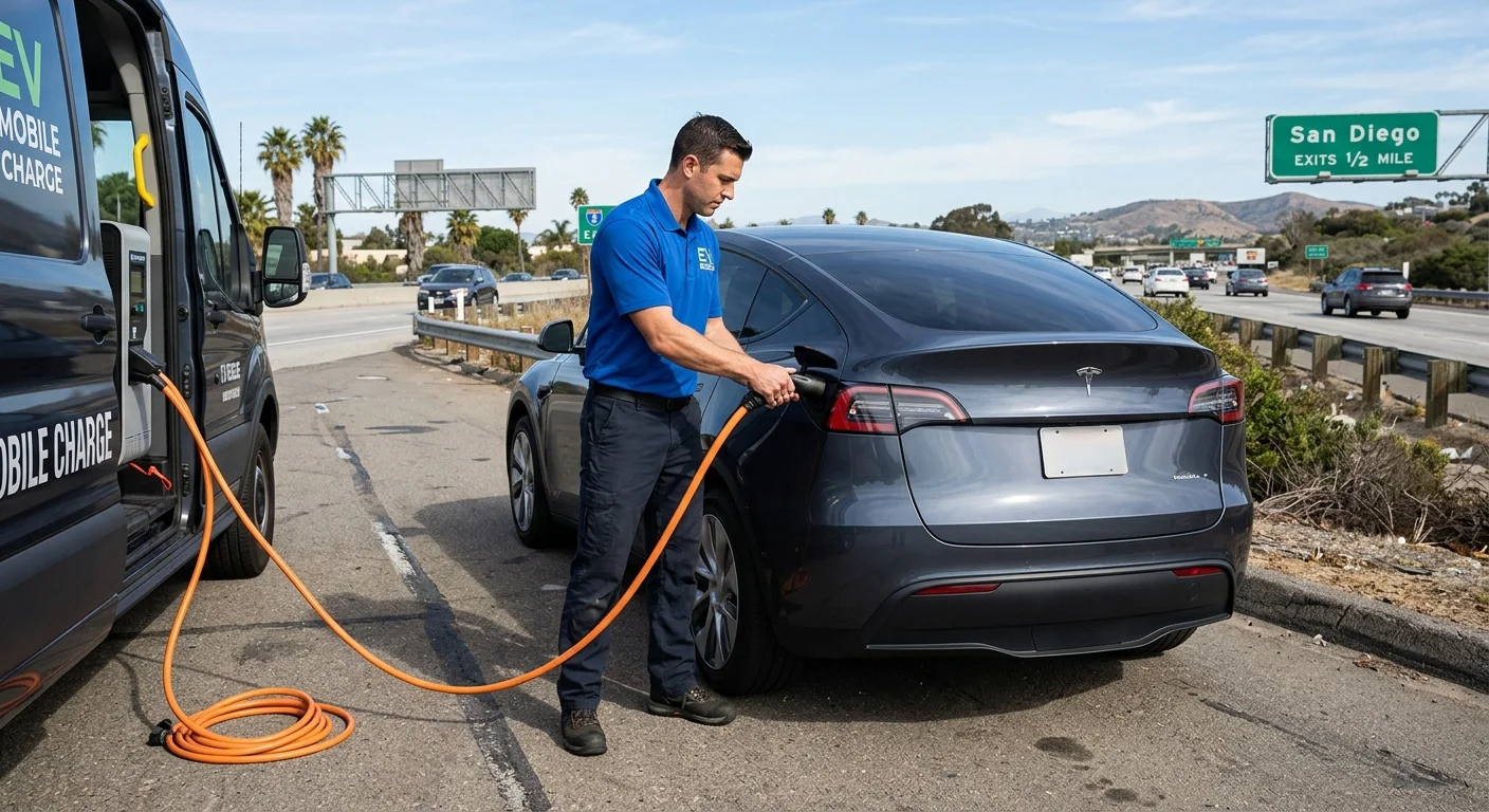 An operator holding a NACS connector approaching a Tesla Model 3 on a Bay Area street.