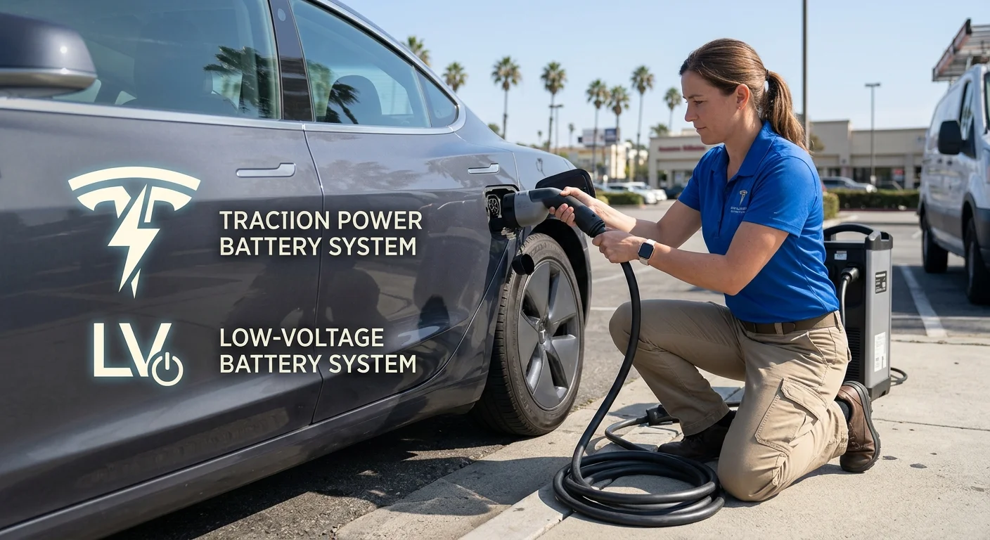 Tesla Model 3 beside two abstract battery-system symbols, one for traction power