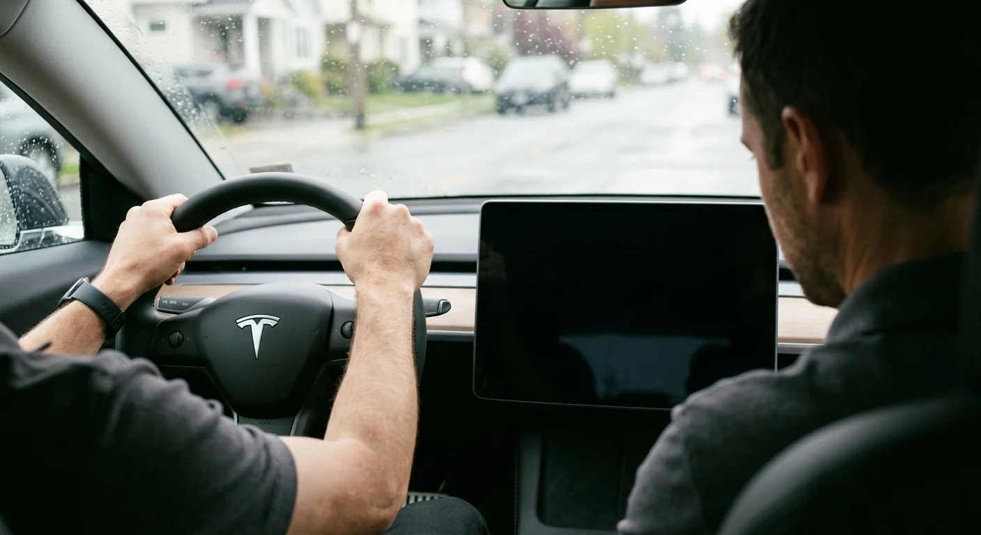 Close-up of a Tesla Model 3 dashboard showing a blank, unresponsive screen
