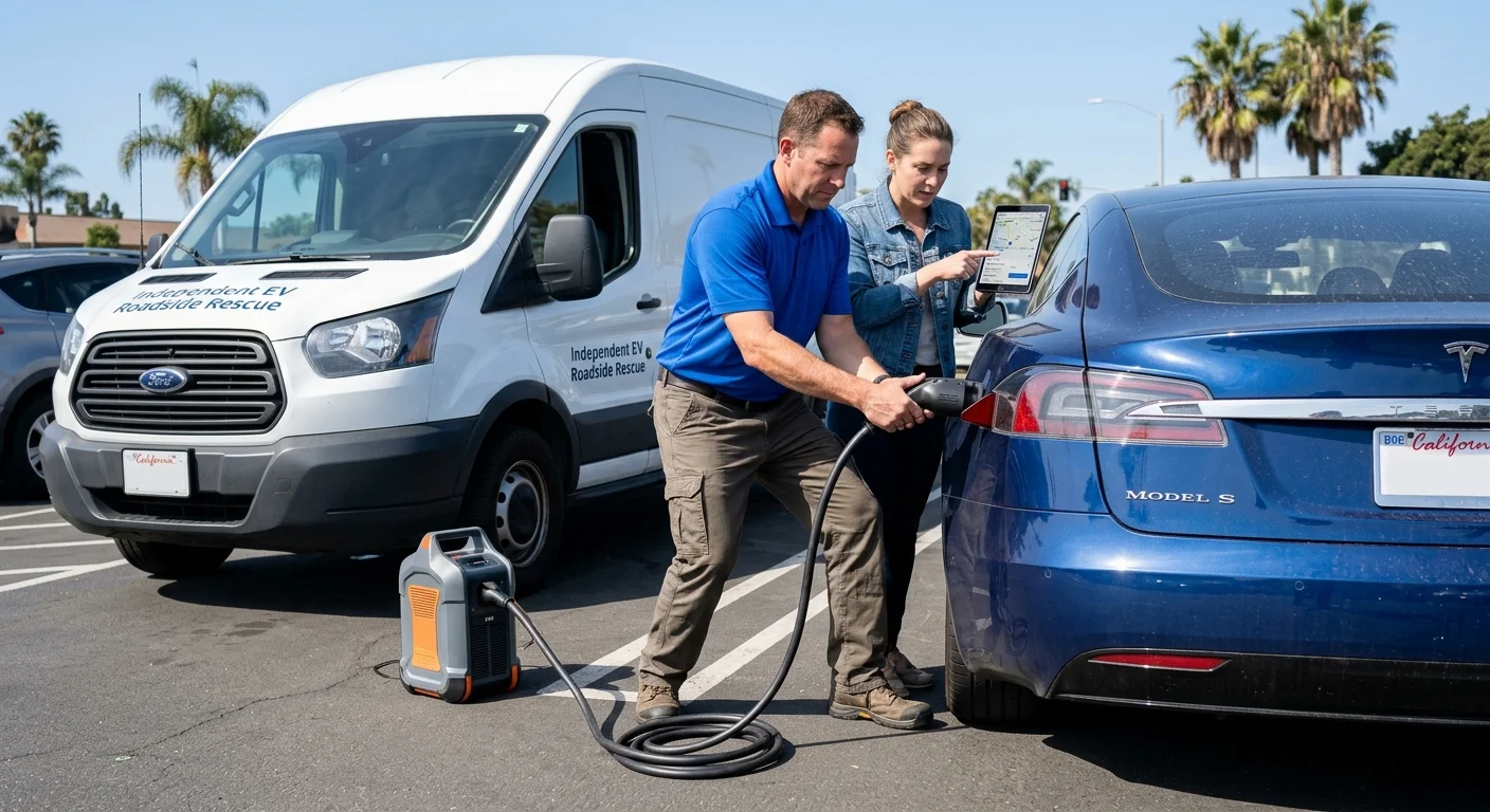 A driver discussing a powerless Tesla Model S with an operator beside the car