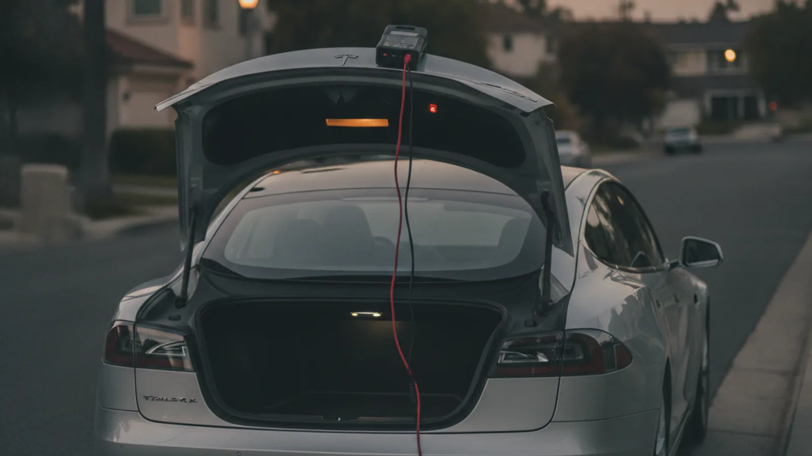Tesla Model S with the frunk open and a lithium jump pack connected