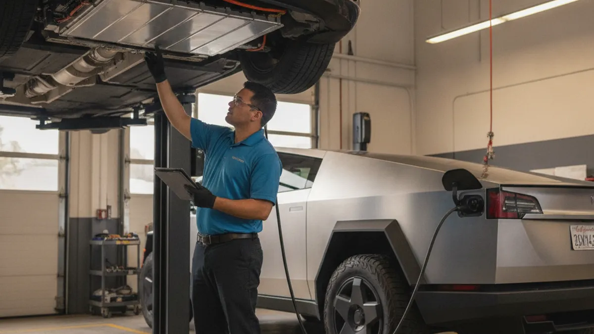 Technician inspecting the underside battery pack of a Tesla raised on a service lift