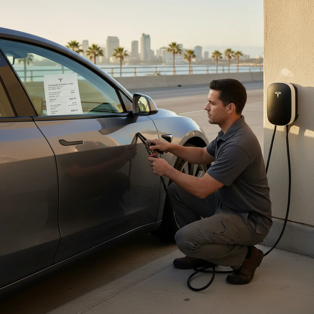A Tesla Model Y on a Bay Area shoulder with an invoice on the passenger seat showing roadside fees