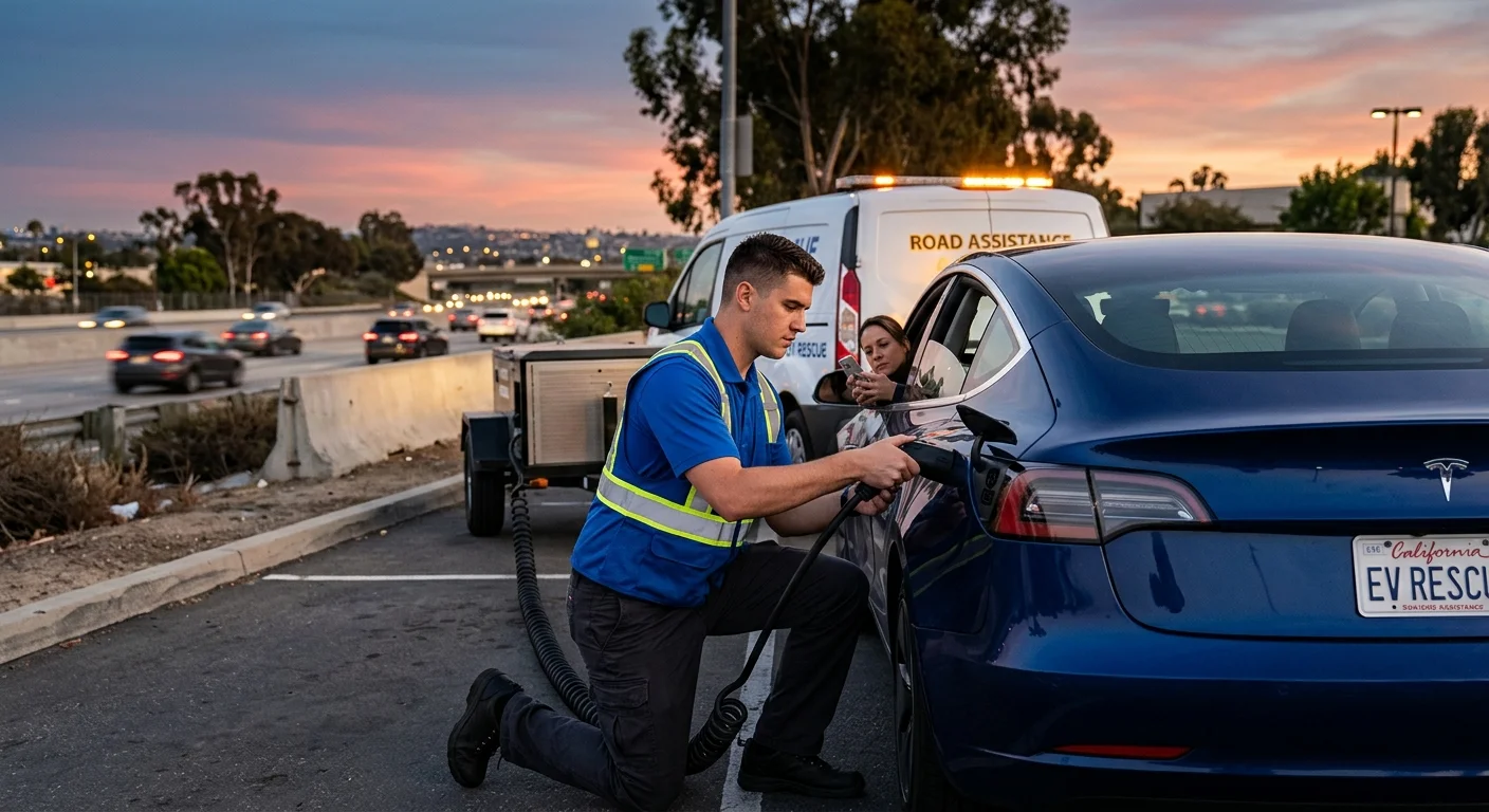 A Tesla Model Y with the hazard lights on, parked on the shoulder of a Bay Area freeway at dusk.
