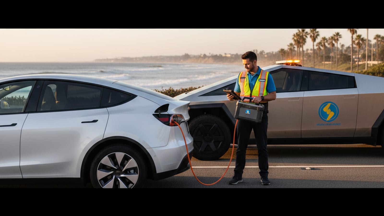 Tesla Model 3 stranded on a Bay Area freeway shoulder with a mobile rescue operator approaching