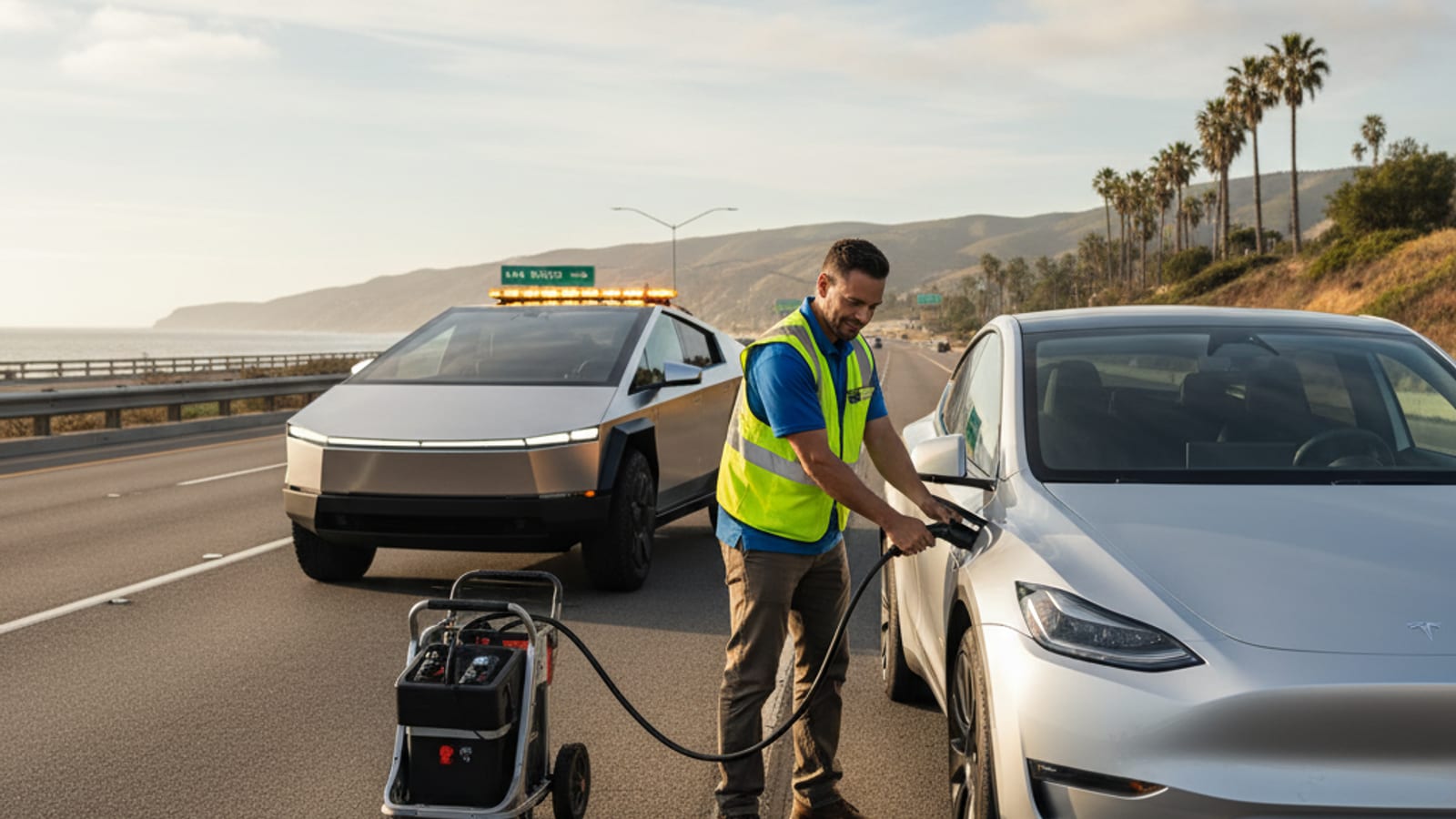 Electric sedan on a paved shoulder with hazard lights on and a driver waiting by the door