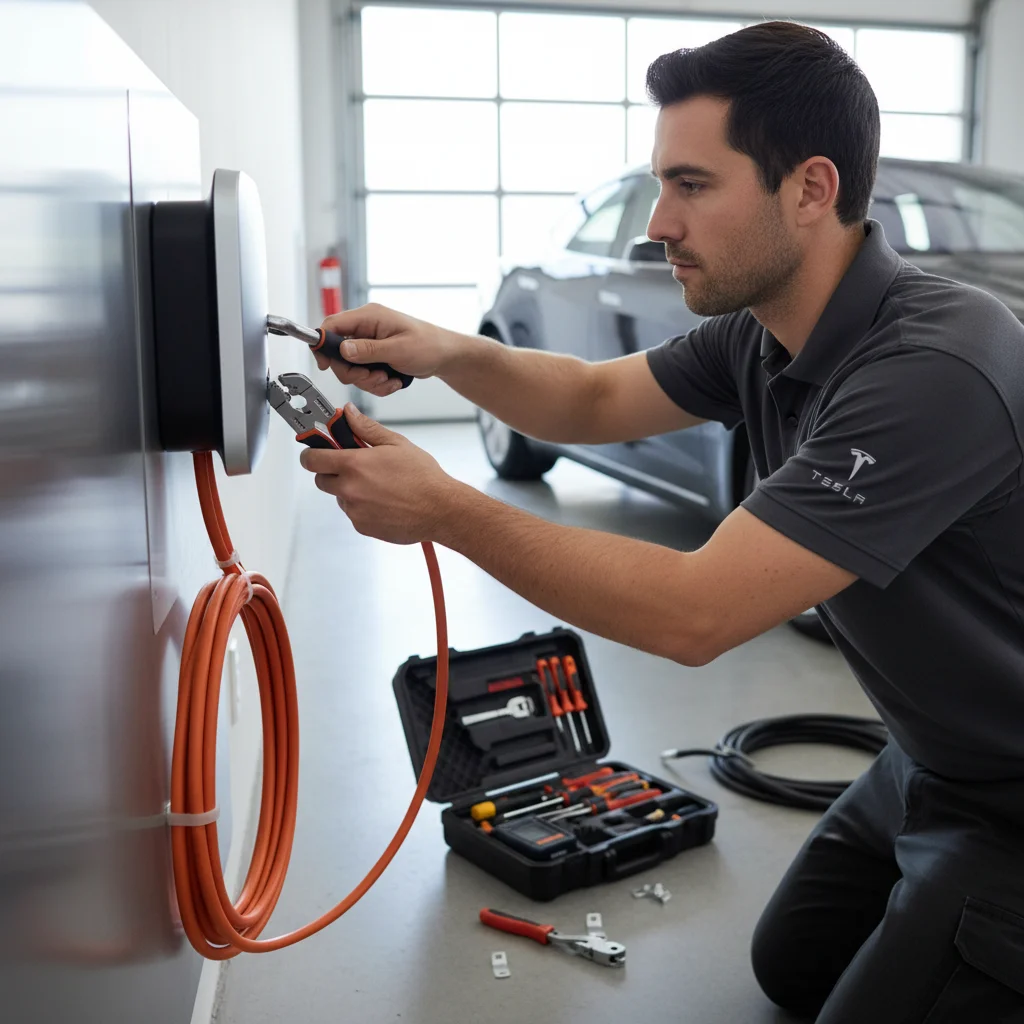 Charging cable connected to an EV port beside a mobile rescue van at the curb