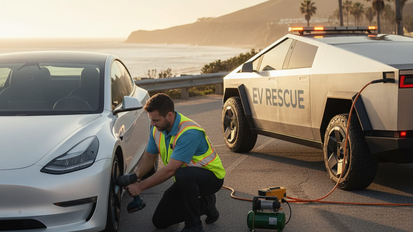 A Tesla with a flat tire on a paved shoulder, a mobile rescue vehicle approaching.