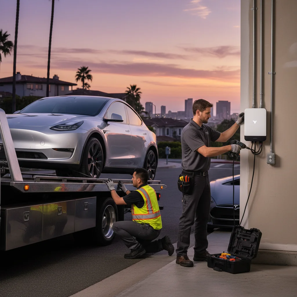 A flatbed tow truck winching a Tesla on at dusk on a city street.
