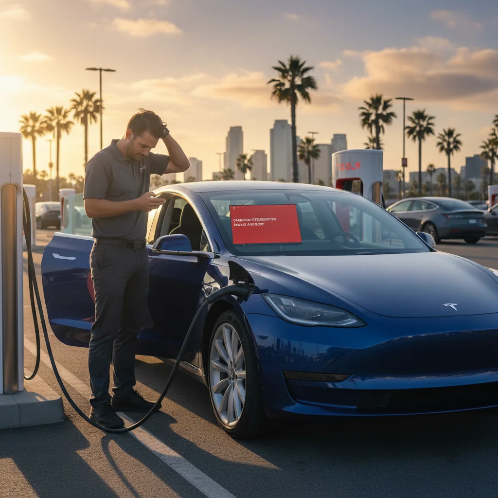 A Tesla driver looking at a phone, parked at a non-working Supercharger stall.