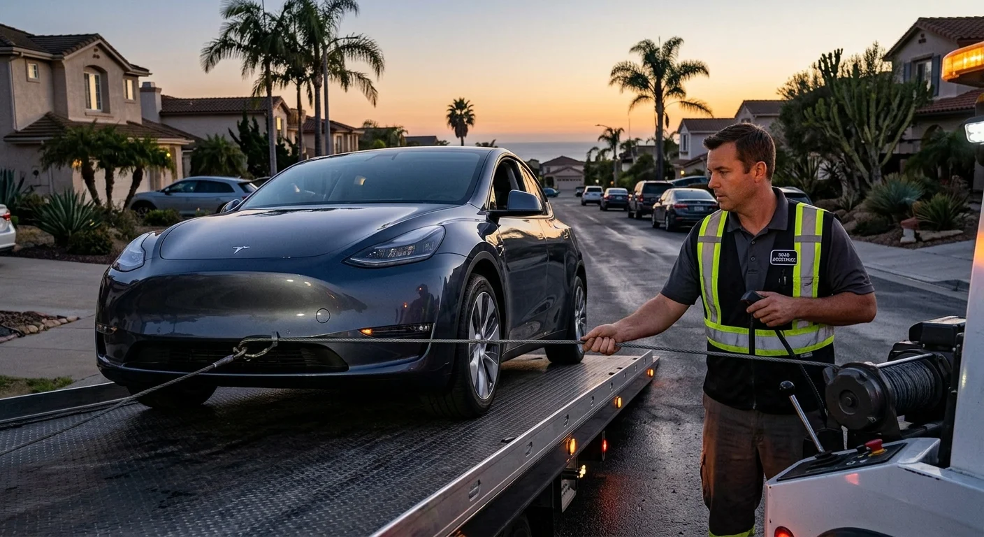 A Tesla being winched onto a flatbed with its wheels straight, a technician guiding the cable at dusk.