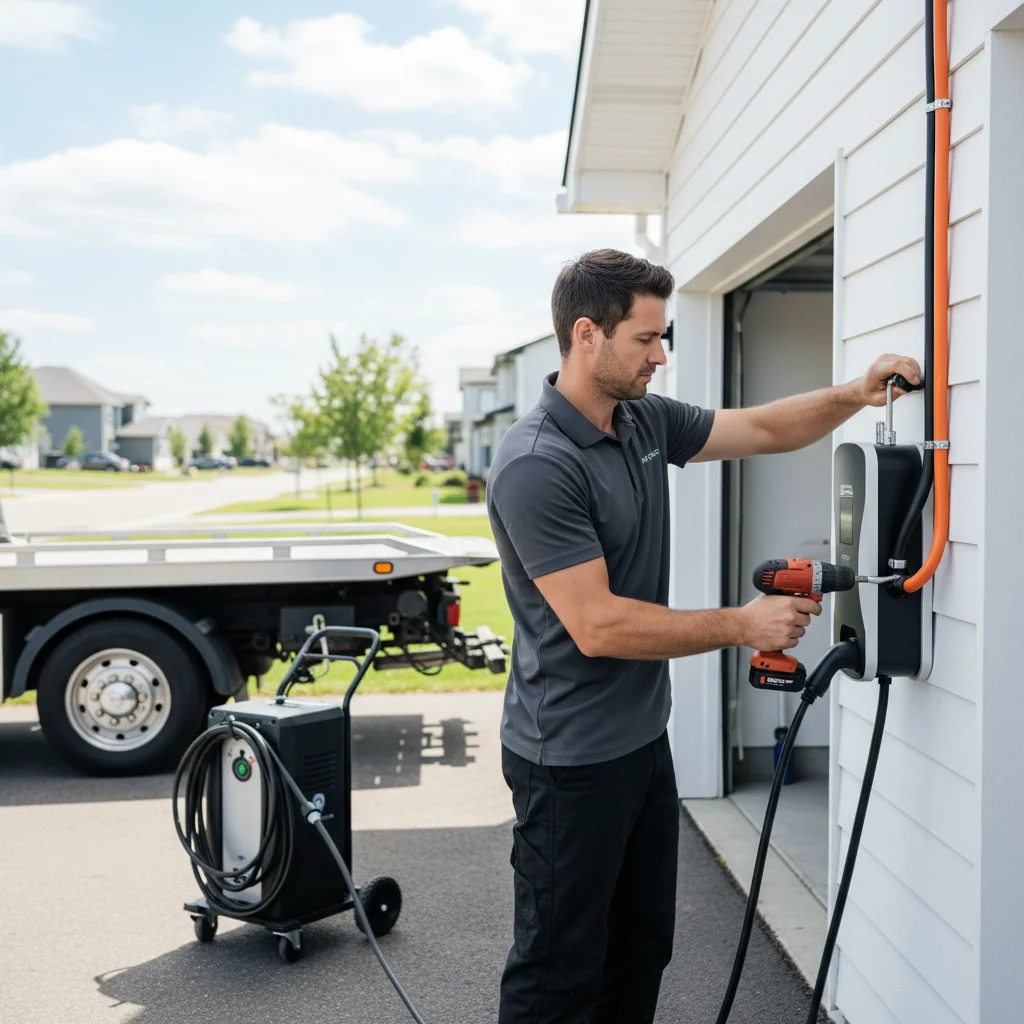 A split scene with a phone displaying a rideshare roadside app on one side and a mobile EV charging truck on the other.
