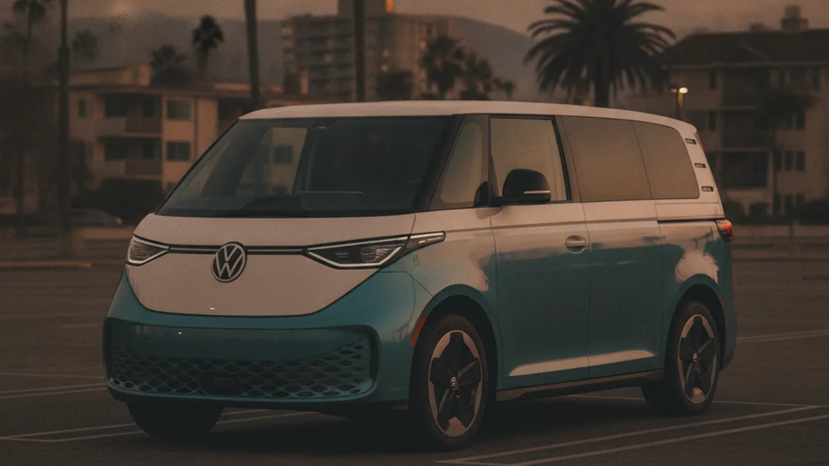 A VW ID.Buzz electric van with a dark, unlit dashboard in a Bay Area parking lot, illustrating a dead 12V battery.