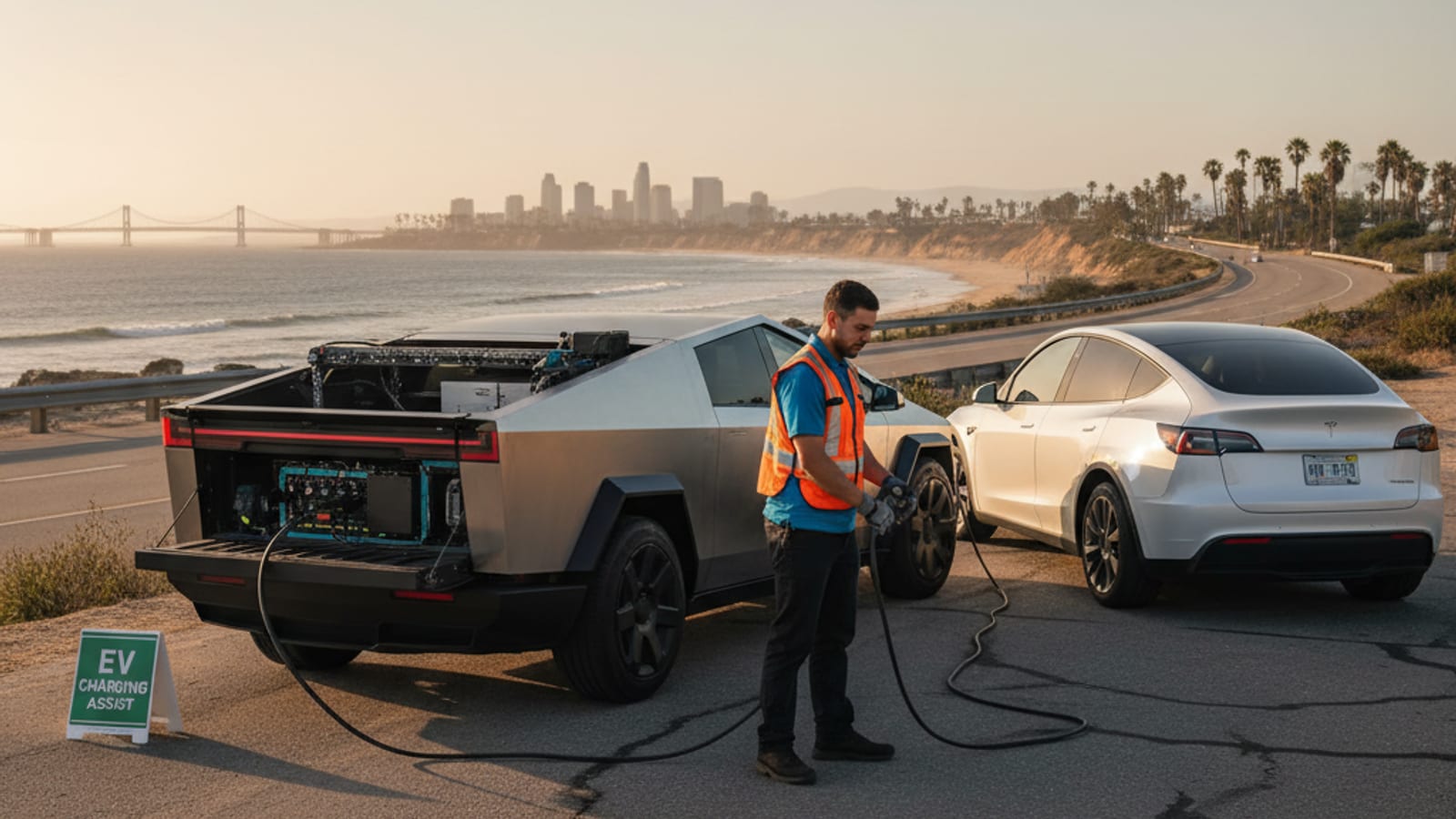 Mobile charging van parked behind a dark EV on a paved shoulder