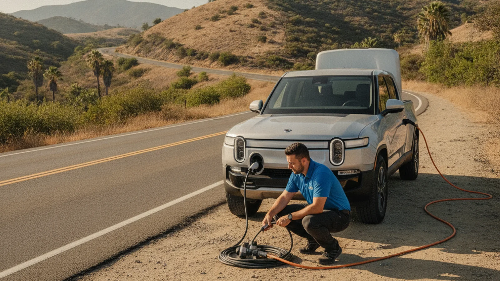 A Rivian parked at a charging location while the driver checks the charge port before plugging in.