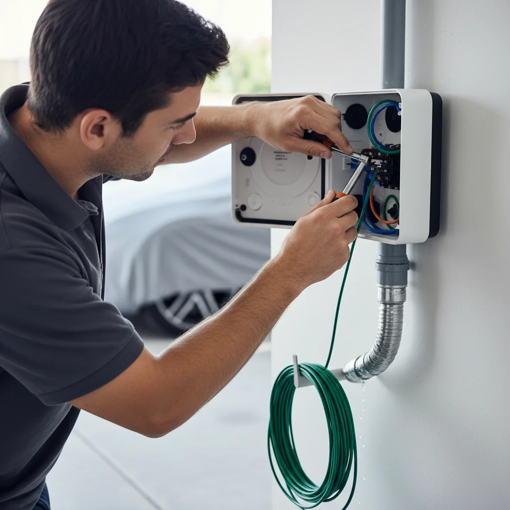 Close view of an open EV charge-port door and a charging cable held nearby