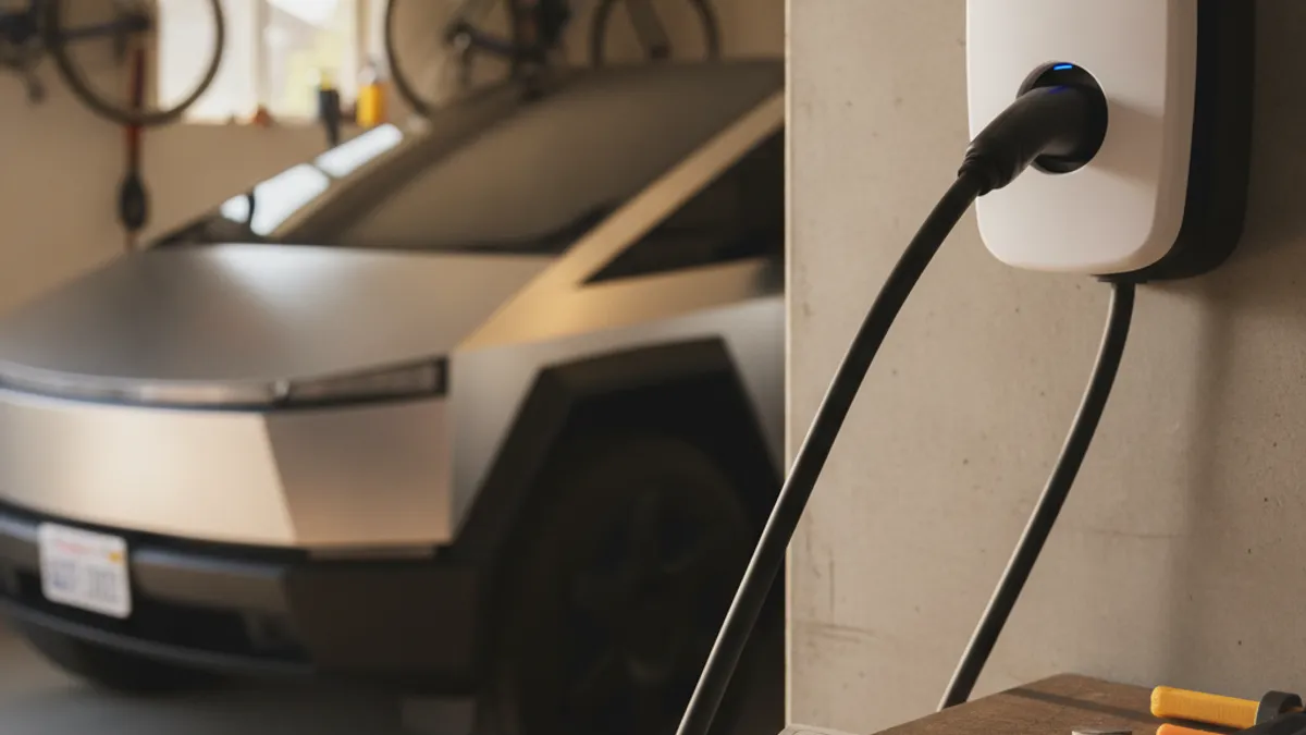 An EV charging cable and a paper electric bill resting on a car hood at the curb