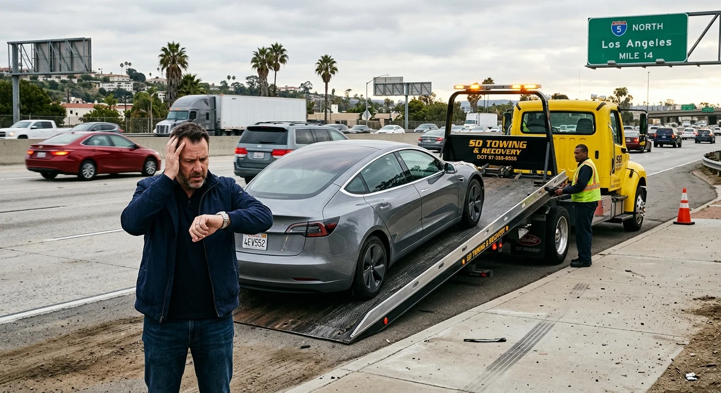 A flatbed tow truck loading an electric car on a freeway shoulder while the driver waits nearby