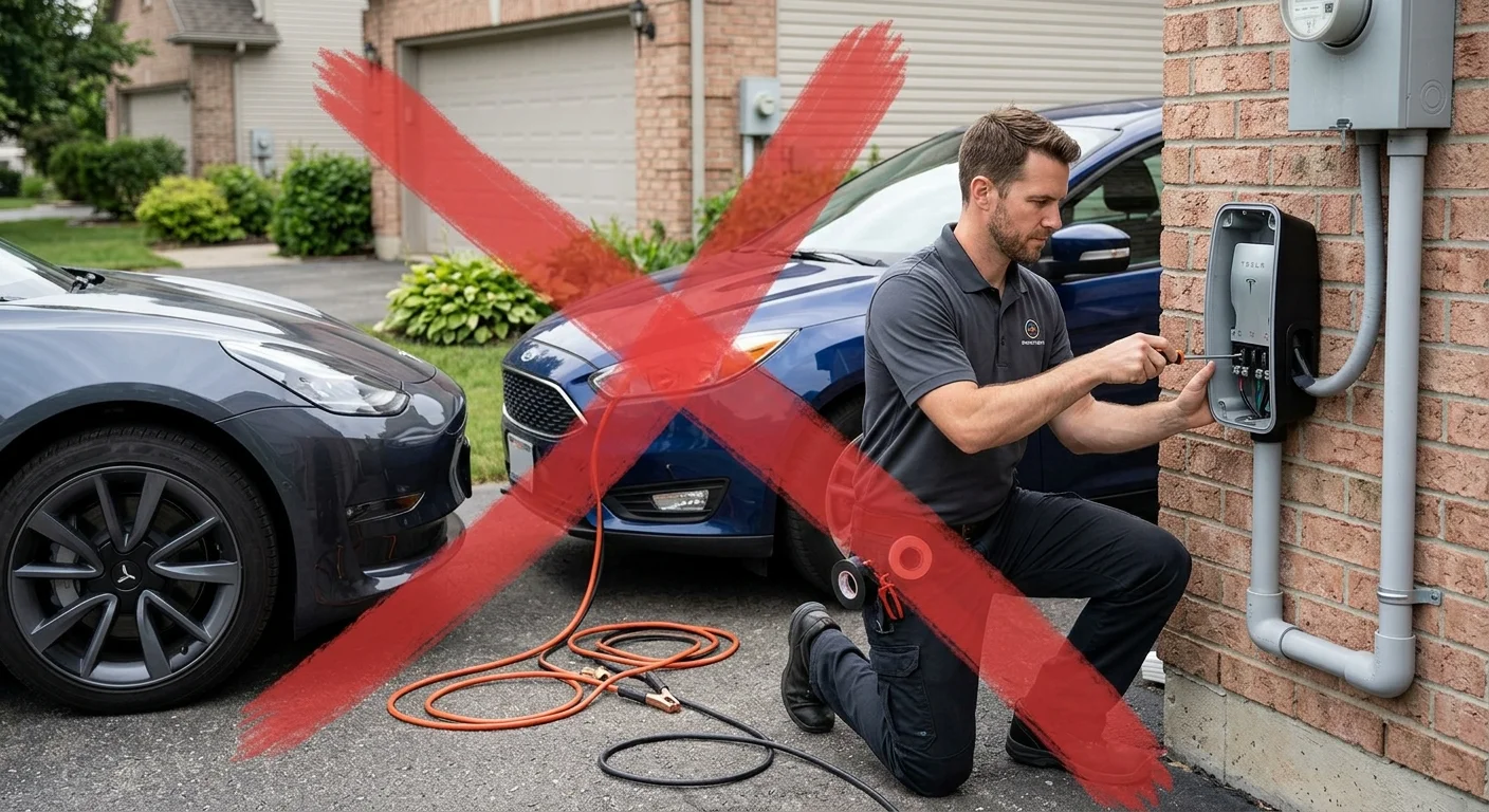 Two cars parked on a Bay Area street with jumper cables connected between a Tesla and a gas sedan.
