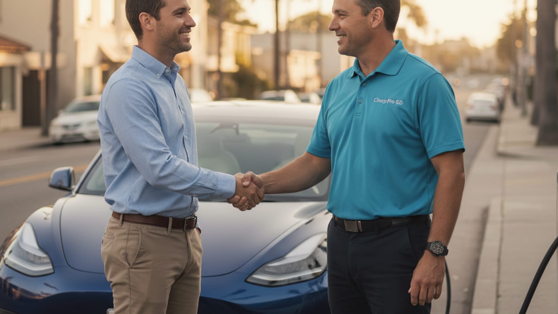 An EV driver speaking with a roadside professional beside a Tesla Model 3 in San Francisco