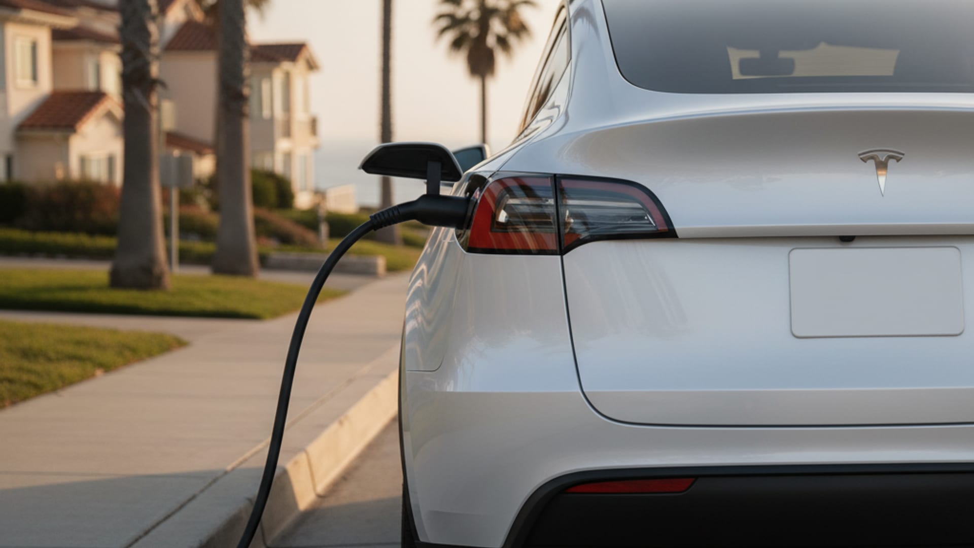 Mobile charging cable connected to a Tesla Model Y on a San Francisco street