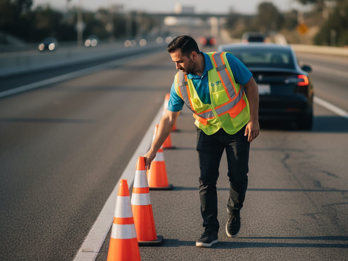Roadside safety cones placed near an electric vehicle in the Bay Area
