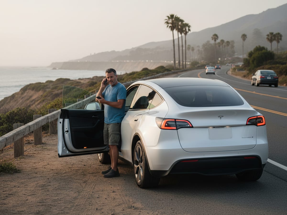 Mobile charging cable connected to a Tesla at a safe roadside location in the Bay Area